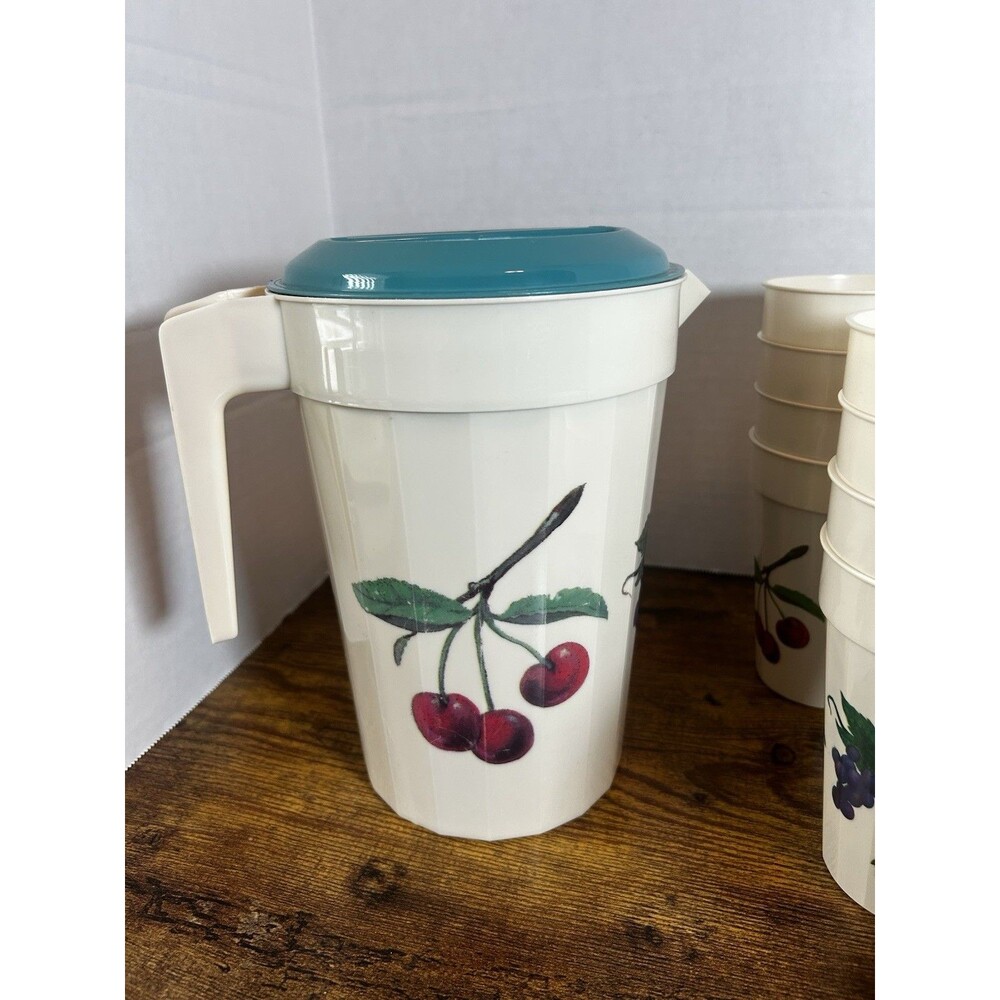 Vintage Packerware Fruit 1/2 Gallon Pitcher & 21 Matching Cups USA Retro Set - Picture 3 of 16